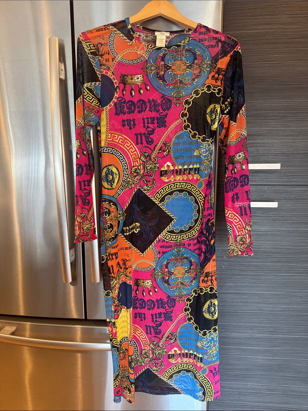 Bold Pink & Multicolor Baroque Print Long Sleeve Dress